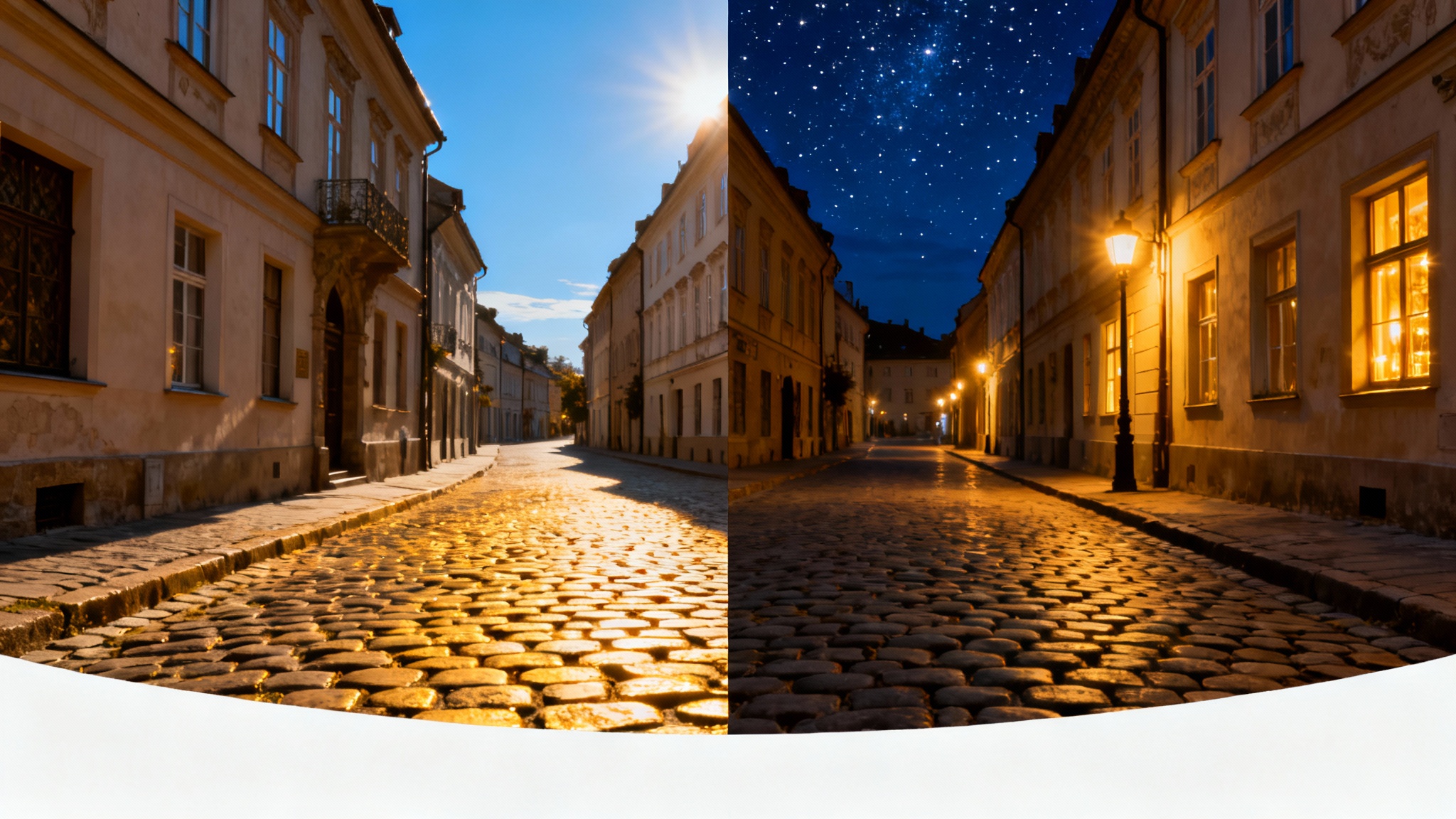 A split image demonstrating a day-to-night transformation of a picturesque European street. The left half is sunny and bright, while the right half shows the same scene beautifully lit at night.