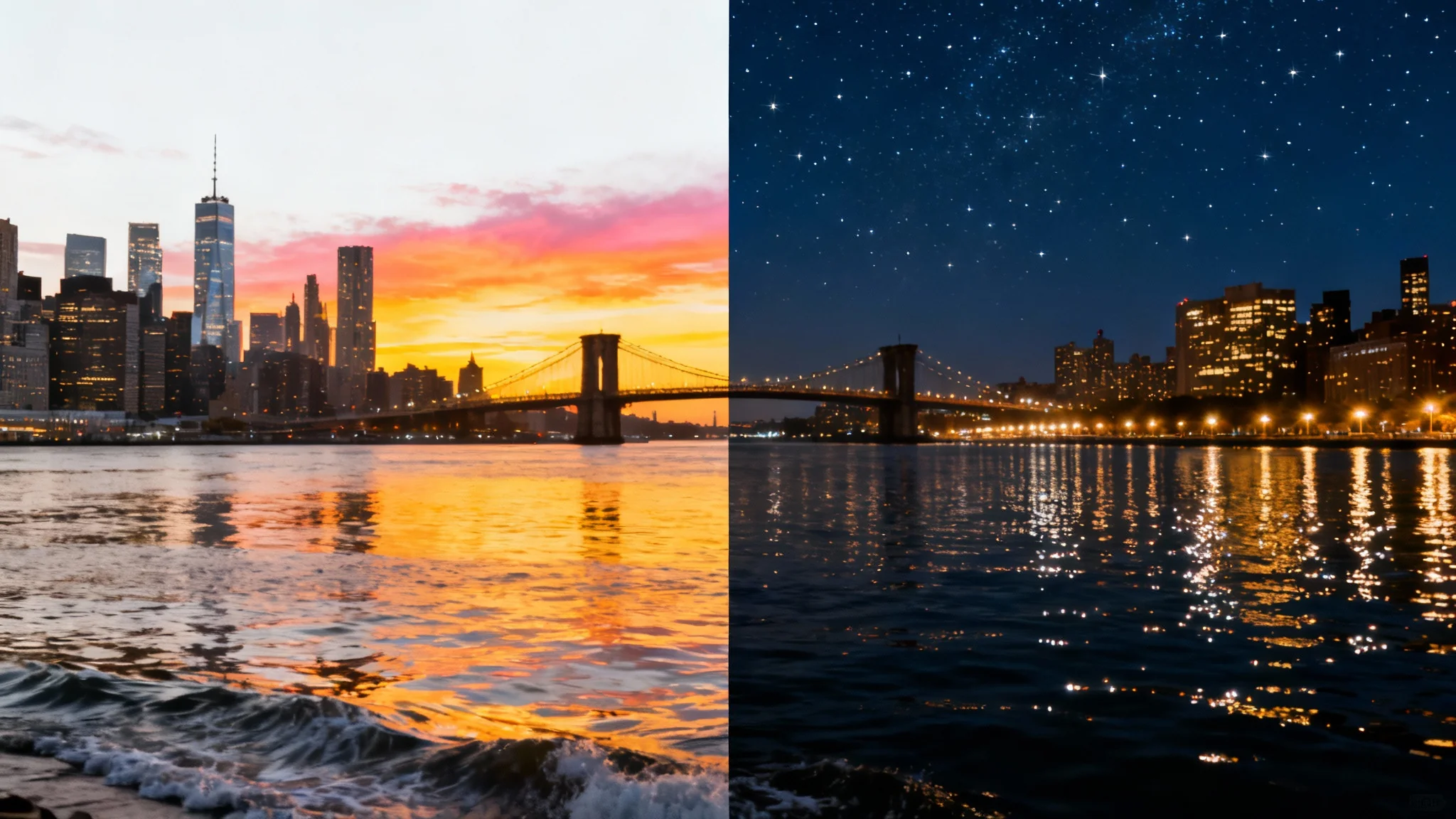 A split-screen image showing a city waterfront. The left side is during a vibrant sunset, and the right side shows the same scene at night, illuminated by city lights and stars, demonstrating a day-to-night AI effect.