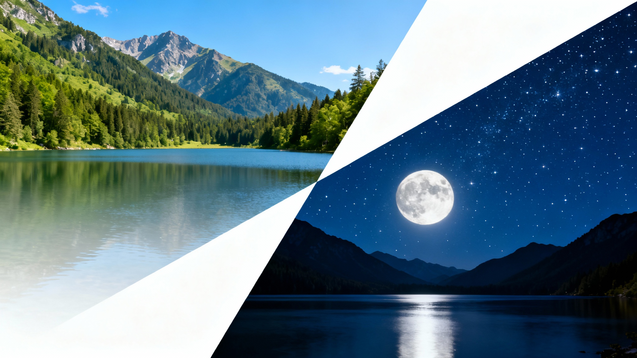 An image demonstrating an AI day-to-night effect, with a diagonal split showing a mountain lake scene during a sunny day on one side and a starry night on the other.