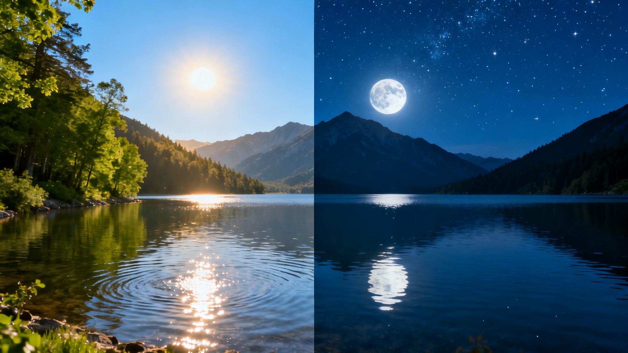 A single landscape photo demonstrating an AI day-to-night effect. The left half shows a sunny mountain lake, and the right half shows the same scene at night under a starry sky with a full moon, with a seamless blend in the middle.
