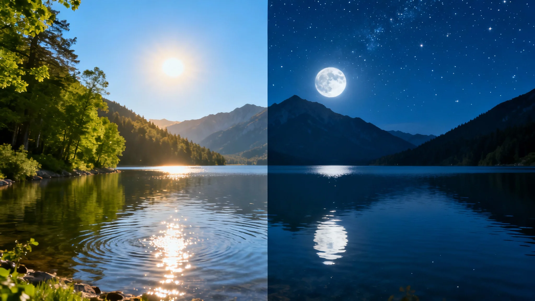 A single landscape photo demonstrating an AI day-to-night effect. The left half shows a sunny mountain lake, and the right half shows the same scene at night under a starry sky with a full moon, with a seamless blend in the middle.