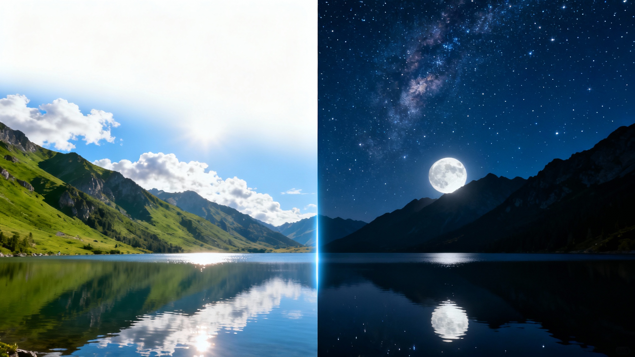 A split-screen image showing a dramatic day-to-night transformation of a mountain lake. The left side is bright and sunny, while the right side shows the same scene at night with a starry sky and a full moon.