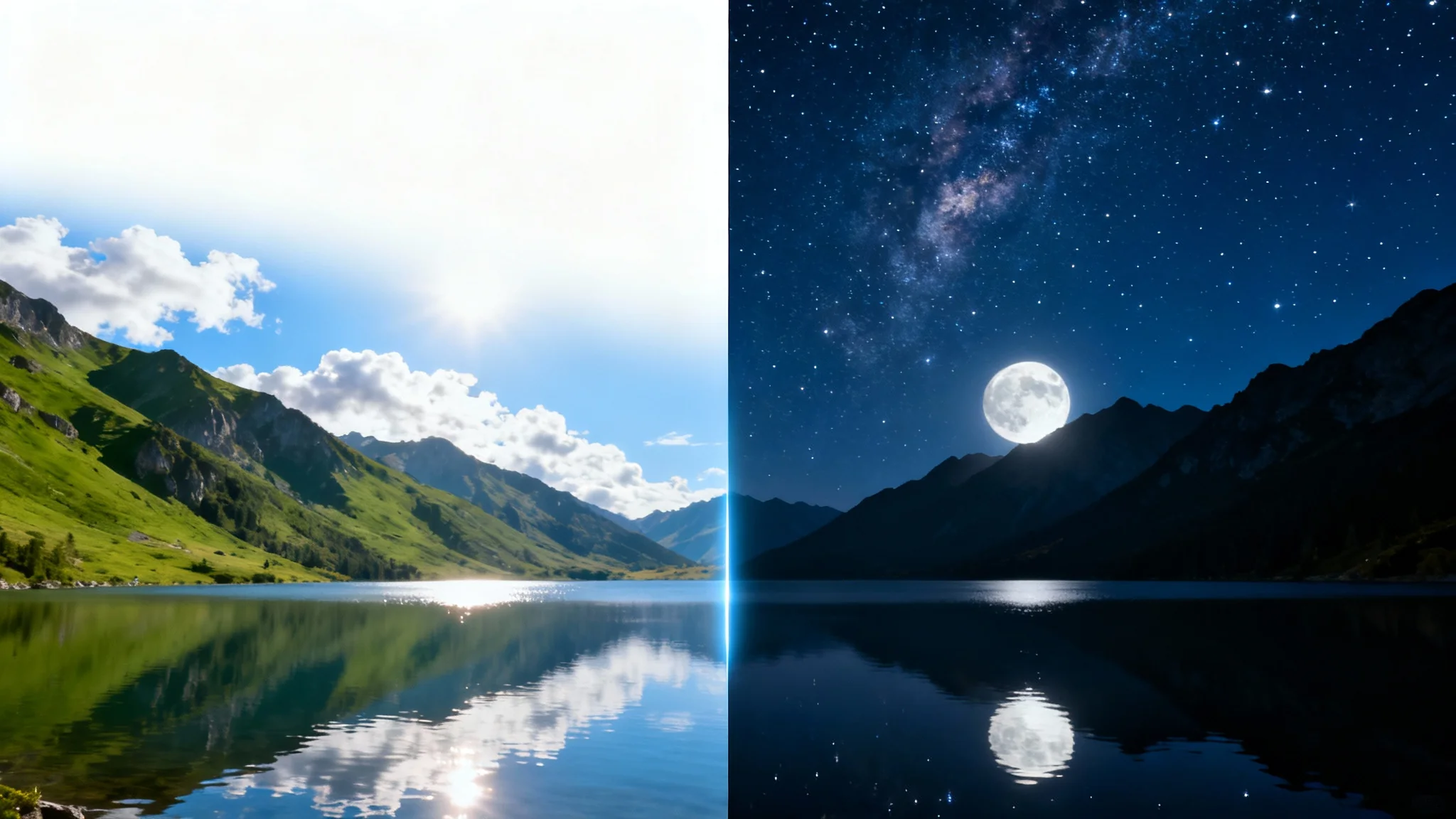 A split-screen image showing a dramatic day-to-night transformation of a mountain lake. The left side is bright and sunny, while the right side shows the same scene at night with a starry sky and a full moon.