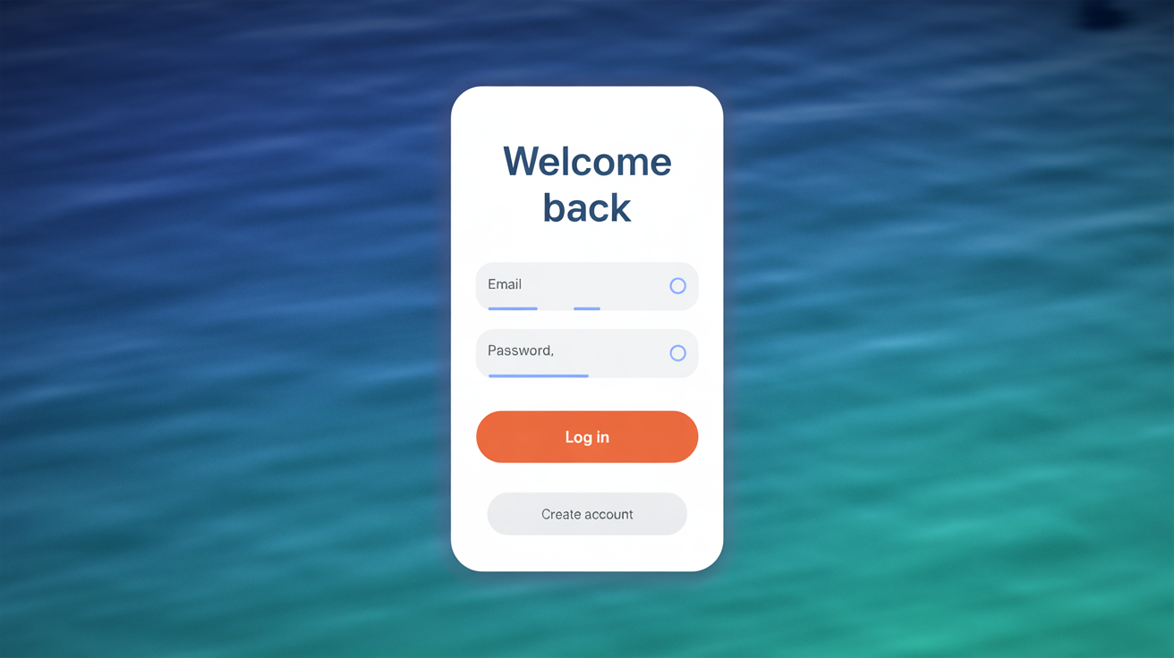 A professional and modern login screen design for an application, featuring a blue-to-teal gradient, a 'Welcome Back' title, input fields, a bright orange 'Log In' button, and a 'Create Account' link.