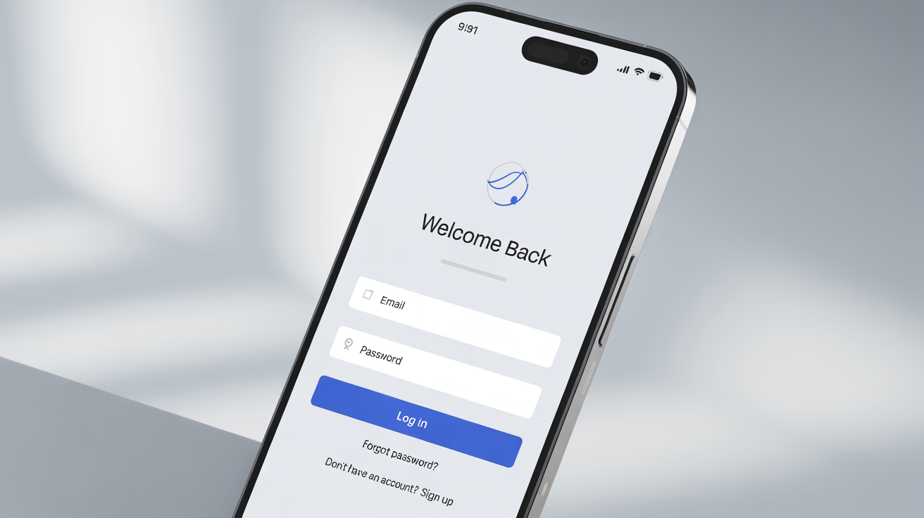 A mockup of a modern mobile app login screen displayed on a smartphone. The design is clean and minimalist, featuring fields for email and password, a prominent blue 'Log In' button, and options for password recovery and signing up.