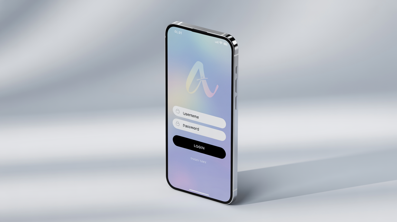 A modern smartphone mockup displaying a clean and stylish login screen with blue and purple gradients, set against a plain white background.