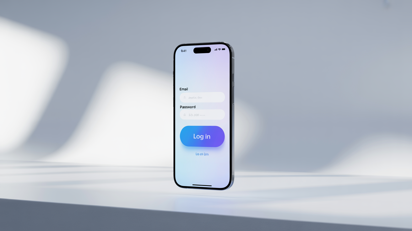 A 3D mockup of a modern smartphone displaying a minimalist login screen design with fields for email, password, and a 'Log In' button, set against a white background.