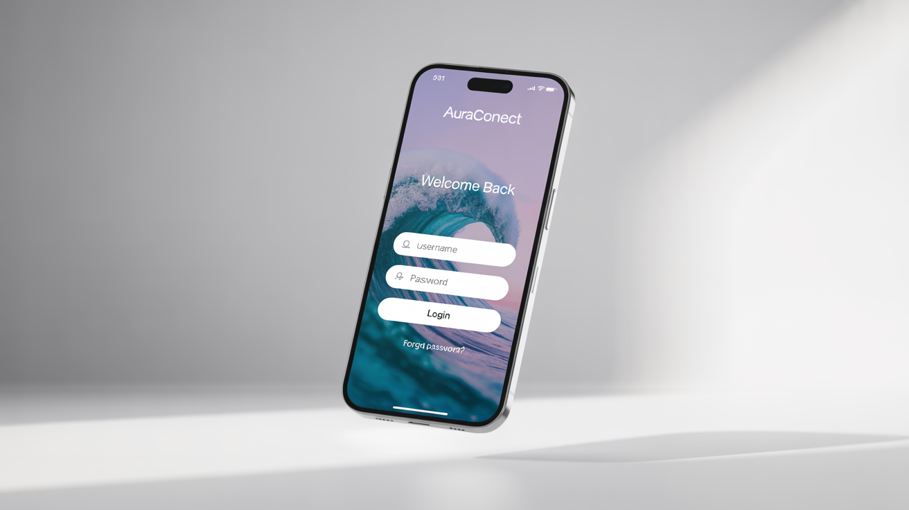 A photorealistic mockup of a smartphone displaying a modern and elegant app login screen for 'AuraConnect' against a clean white background.
