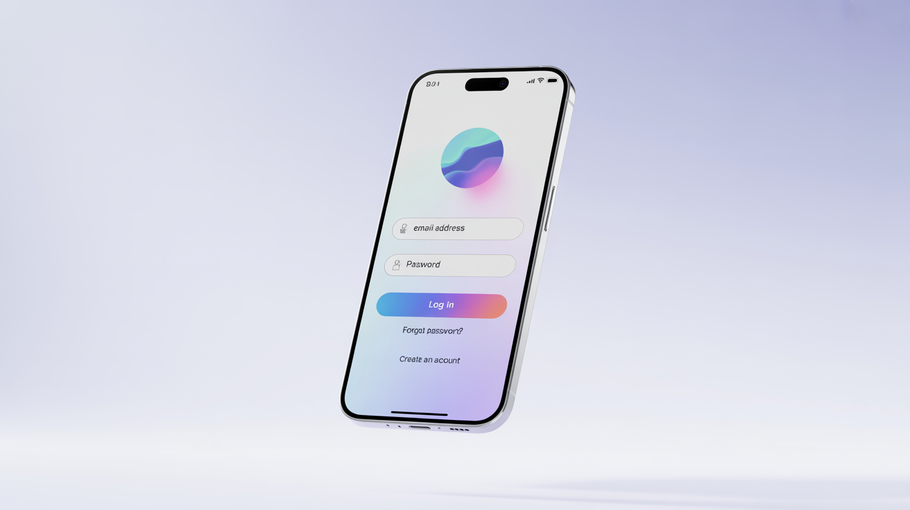 A photorealistic mockup of a modern smartphone showing a clean, user-friendly login screen design with fields for email, password, and a 'Log In' button, set against a white background.