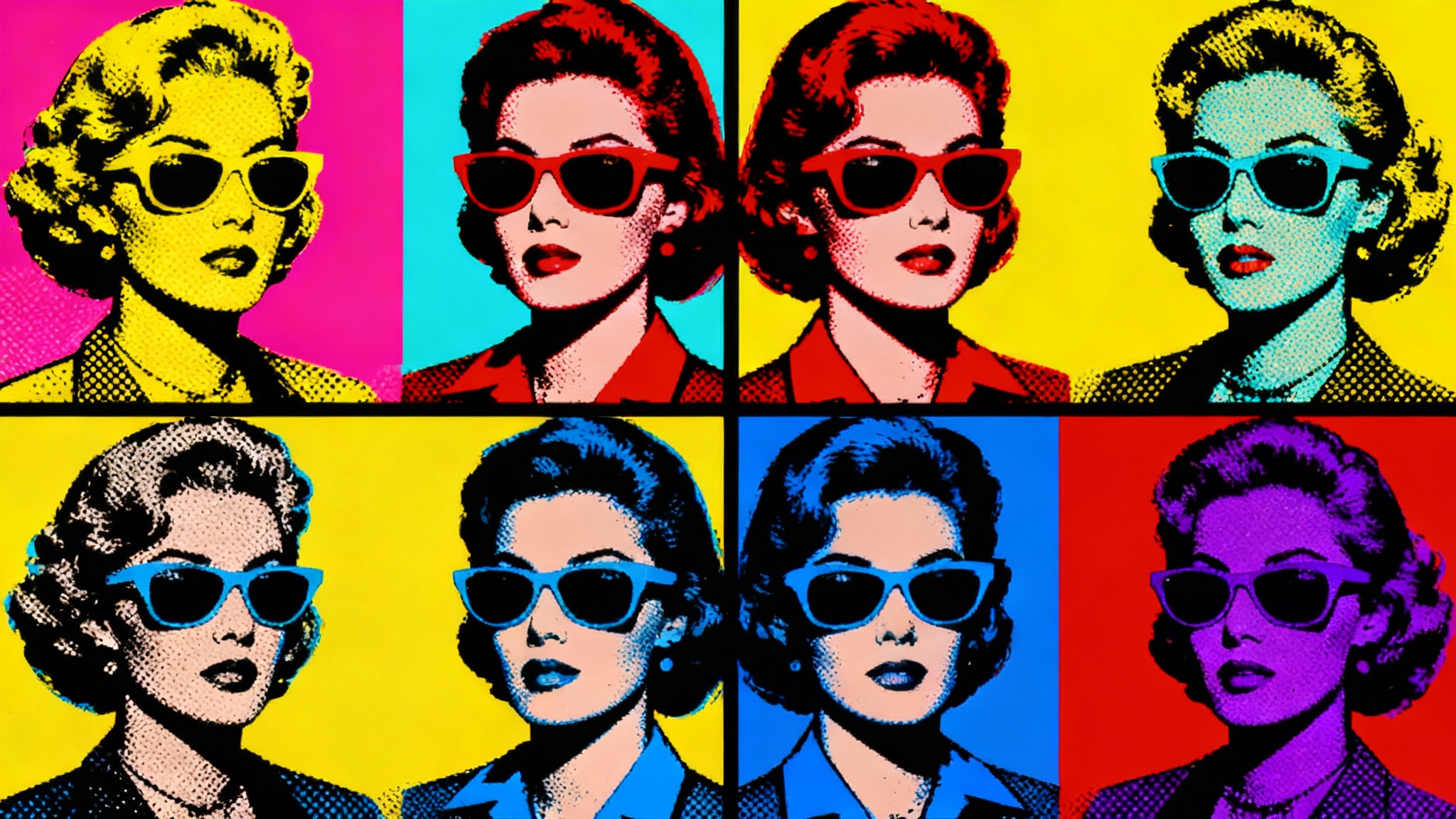 A vibrant hero image in a 16:9 aspect ratio showing the final result of a pop art effect, featuring a four-panel collage of a woman's portrait in the style of Andy Warhol, with each panel having a different bold color combination.