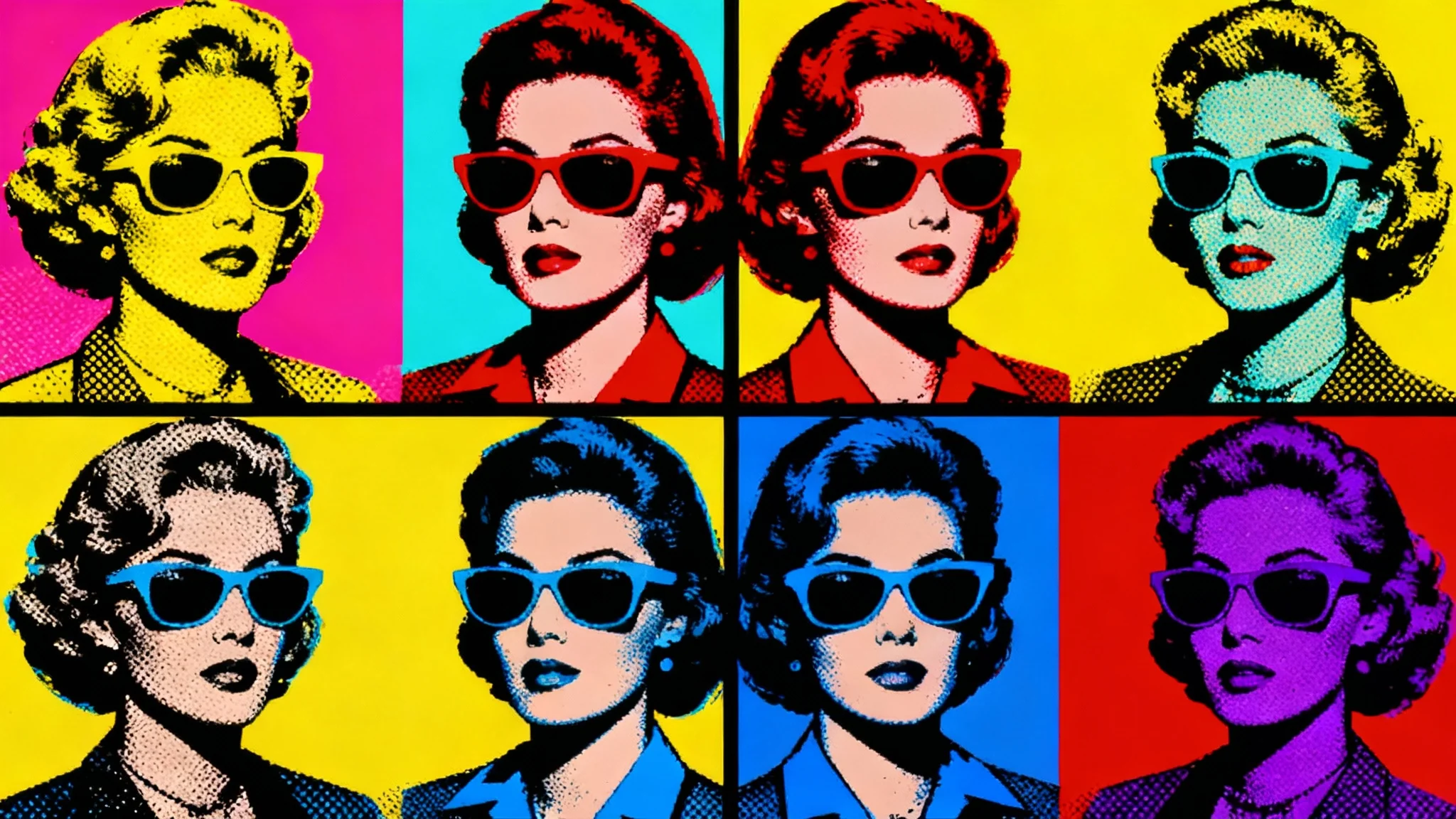 A vibrant hero image in a 16:9 aspect ratio showing the final result of a pop art effect, featuring a four-panel collage of a woman's portrait in the style of Andy Warhol, with each panel having a different bold color combination.