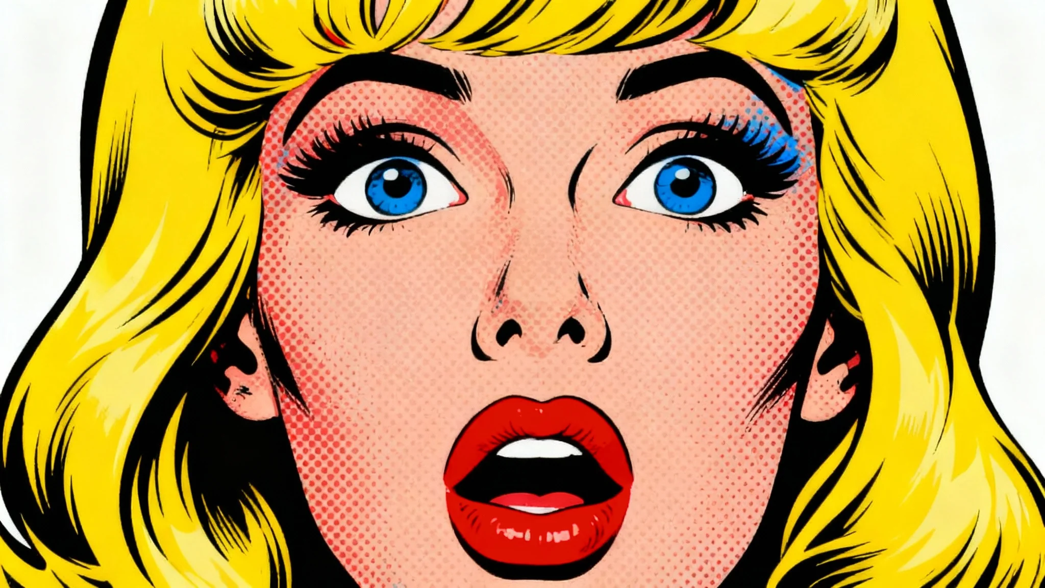 A pop art style portrait of a woman with yellow hair and red lips, featuring bold lines and Ben-Day dots, set against a plain white background.