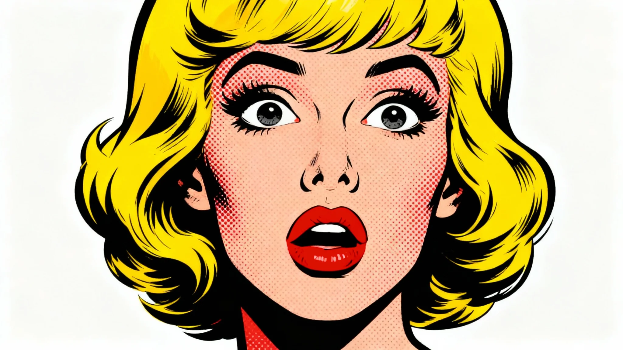 A Pop Art style illustration of a woman with bright yellow hair and red lips, rendered with thick black lines and halftone dots, set against a plain white background.