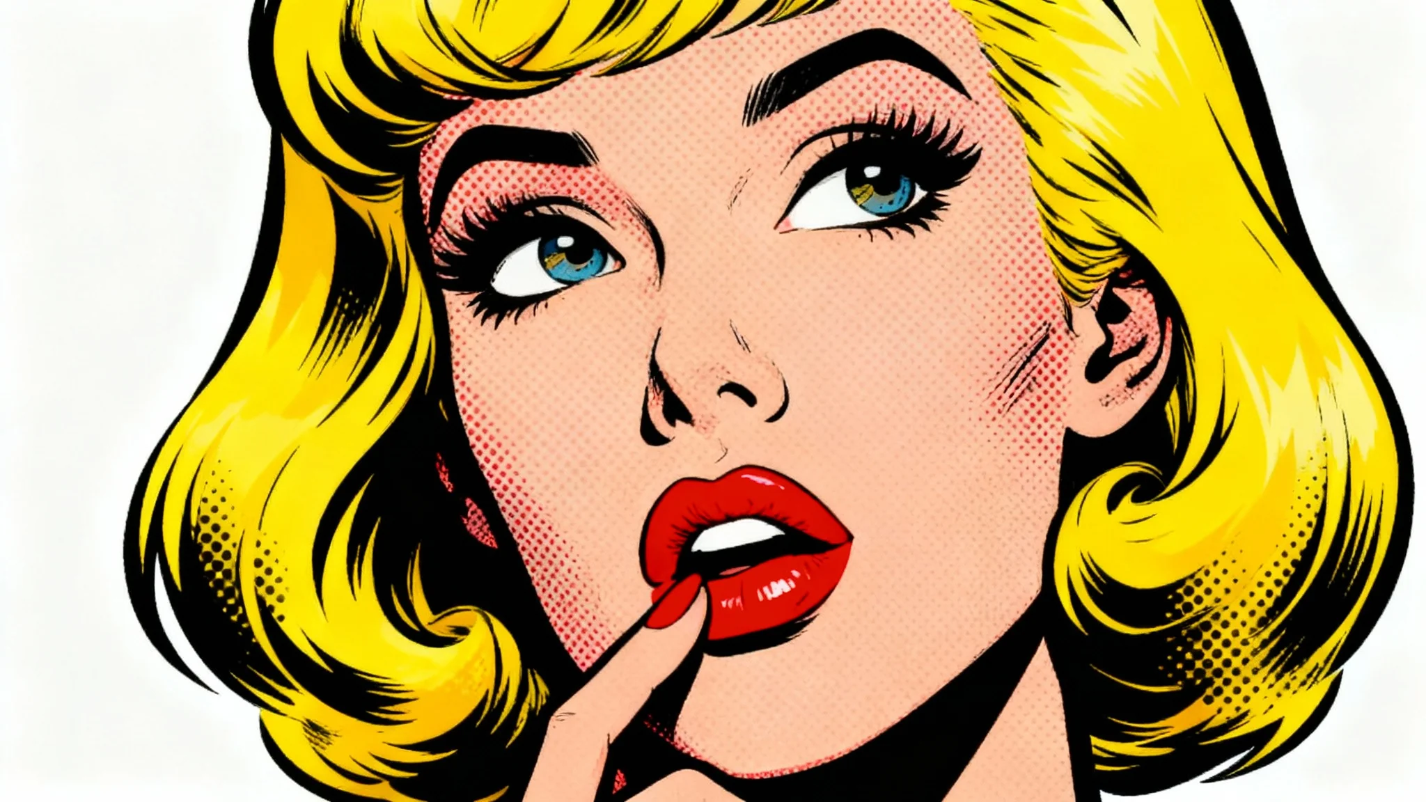 A pop art portrait of a woman with yellow hair and red lips, rendered in a comic book style with Ben-Day dots and bold black outlines, on a white background.