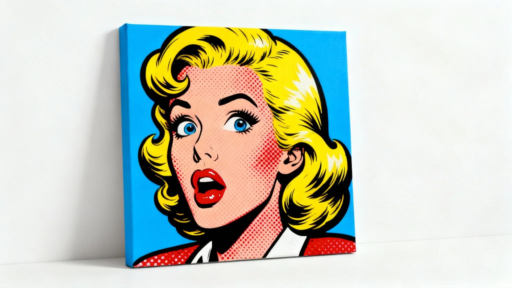 A vibrant pop art illustration of a woman's face with yellow hair and red lips, rendered with Ben-Day dots against a blue background, presented as a print against a white backdrop.