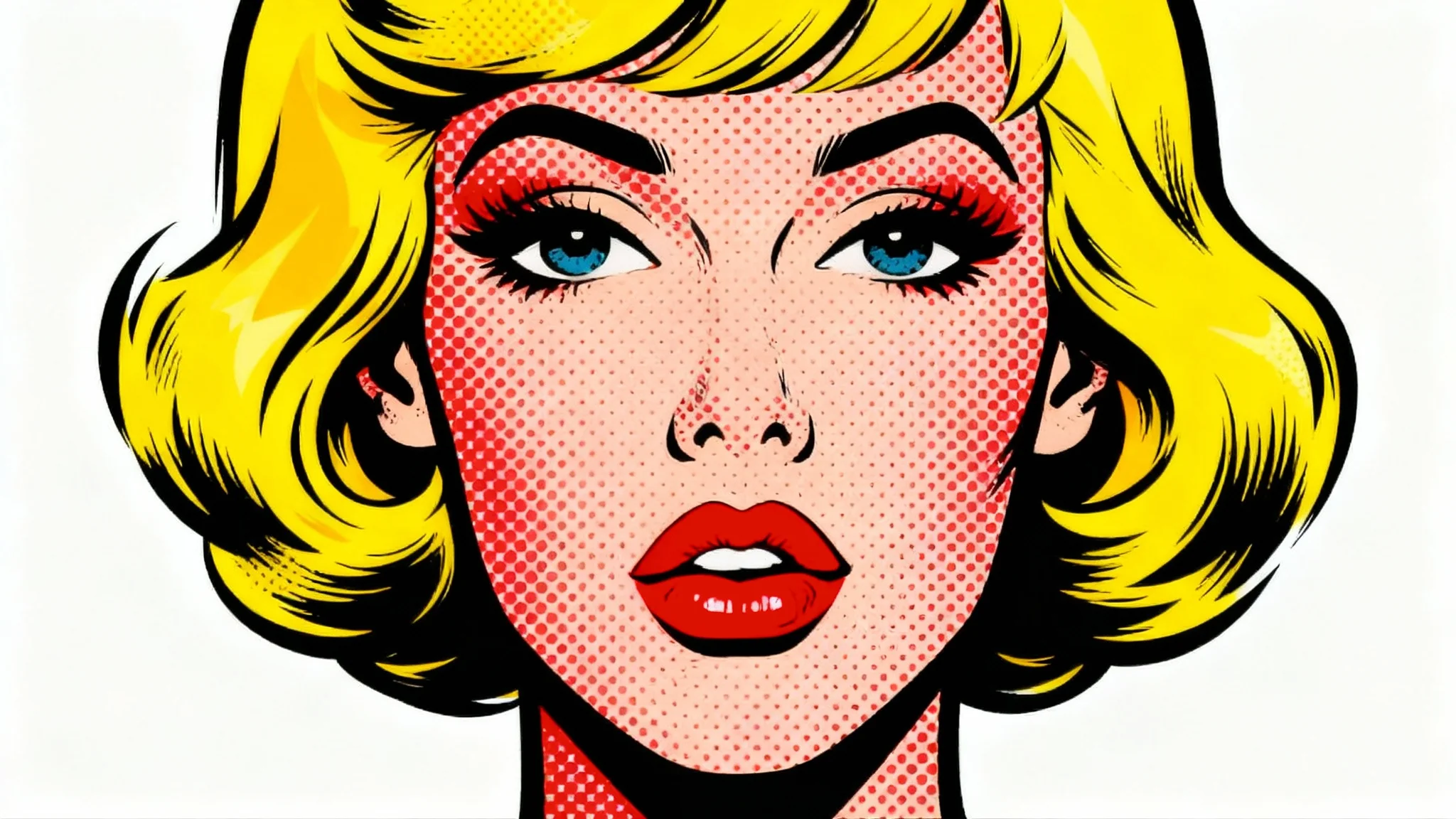 A pop art portrait of a woman with yellow hair and red lips, created in the style of Roy Lichtenstein with bold outlines and Ben-Day dots, presented on a clean white background.