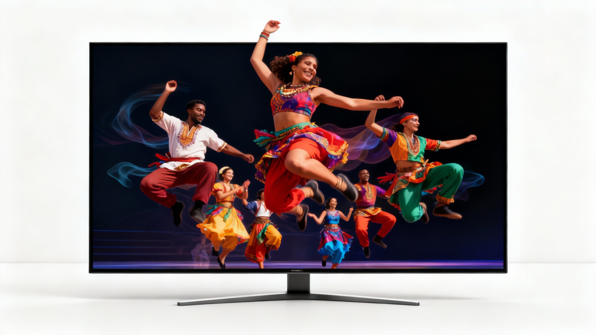 A digital tablet on a clean background displays the result of a 'make picture dance' tool. On the screen, a photo of dancers in colorful costumes is animated, with motion blur effects showing them in mid-dance.