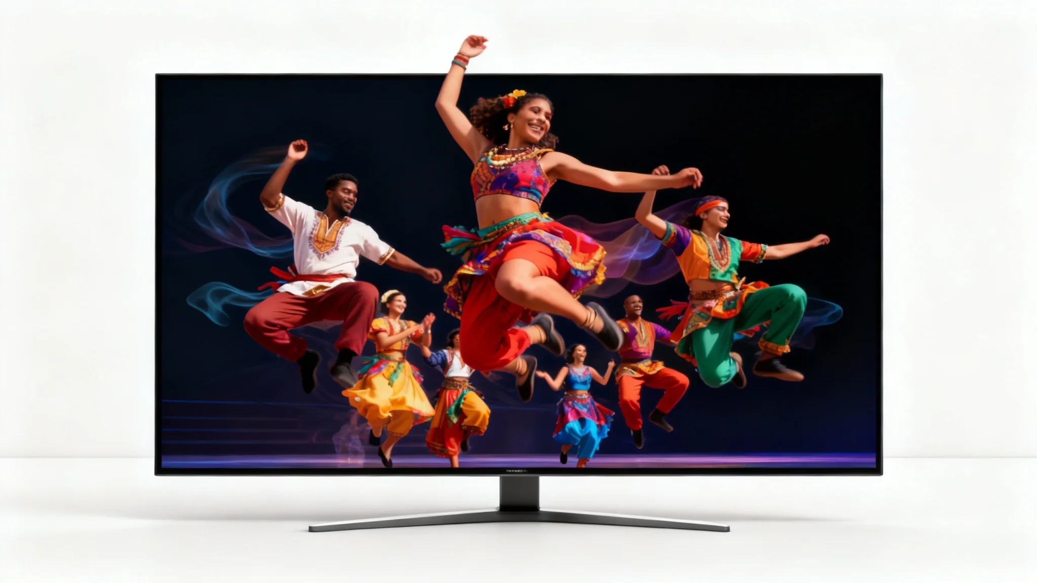 A digital tablet on a clean background displays the result of a 'make picture dance' tool. On the screen, a photo of dancers in colorful costumes is animated, with motion blur effects showing them in mid-dance.