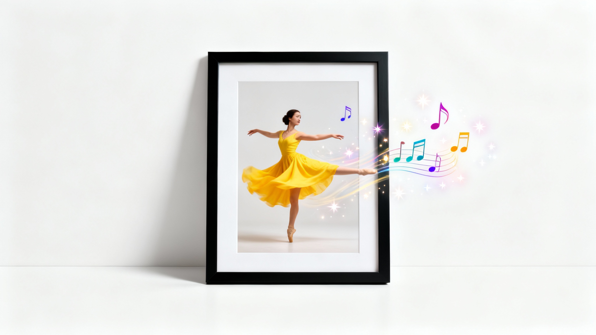 A framed photo on a white background shows a woman in a yellow dress dancing, with parts of her body extending beyond the frame, surrounded by musical notes and sparkles.