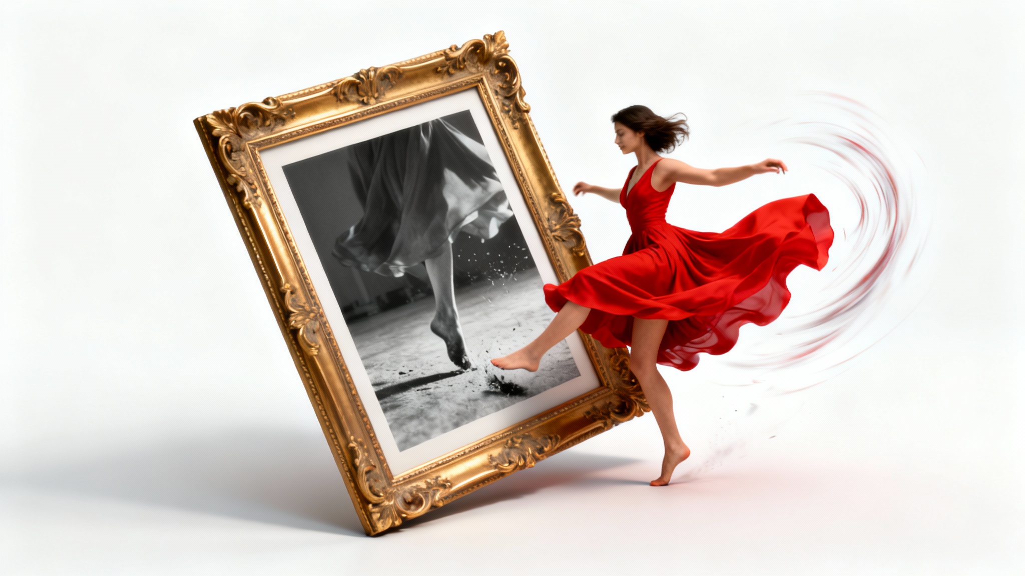 A vintage picture frame from which a woman in a vibrant red dress is emerging mid-dance, symbolizing a static picture coming to life and dancing.