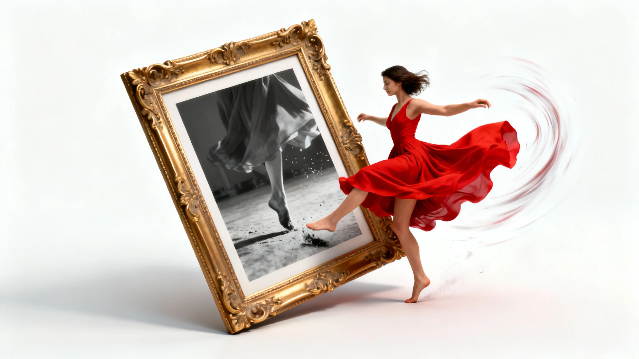 A vintage picture frame from which a woman in a vibrant red dress is emerging mid-dance, symbolizing a static picture coming to life and dancing.
