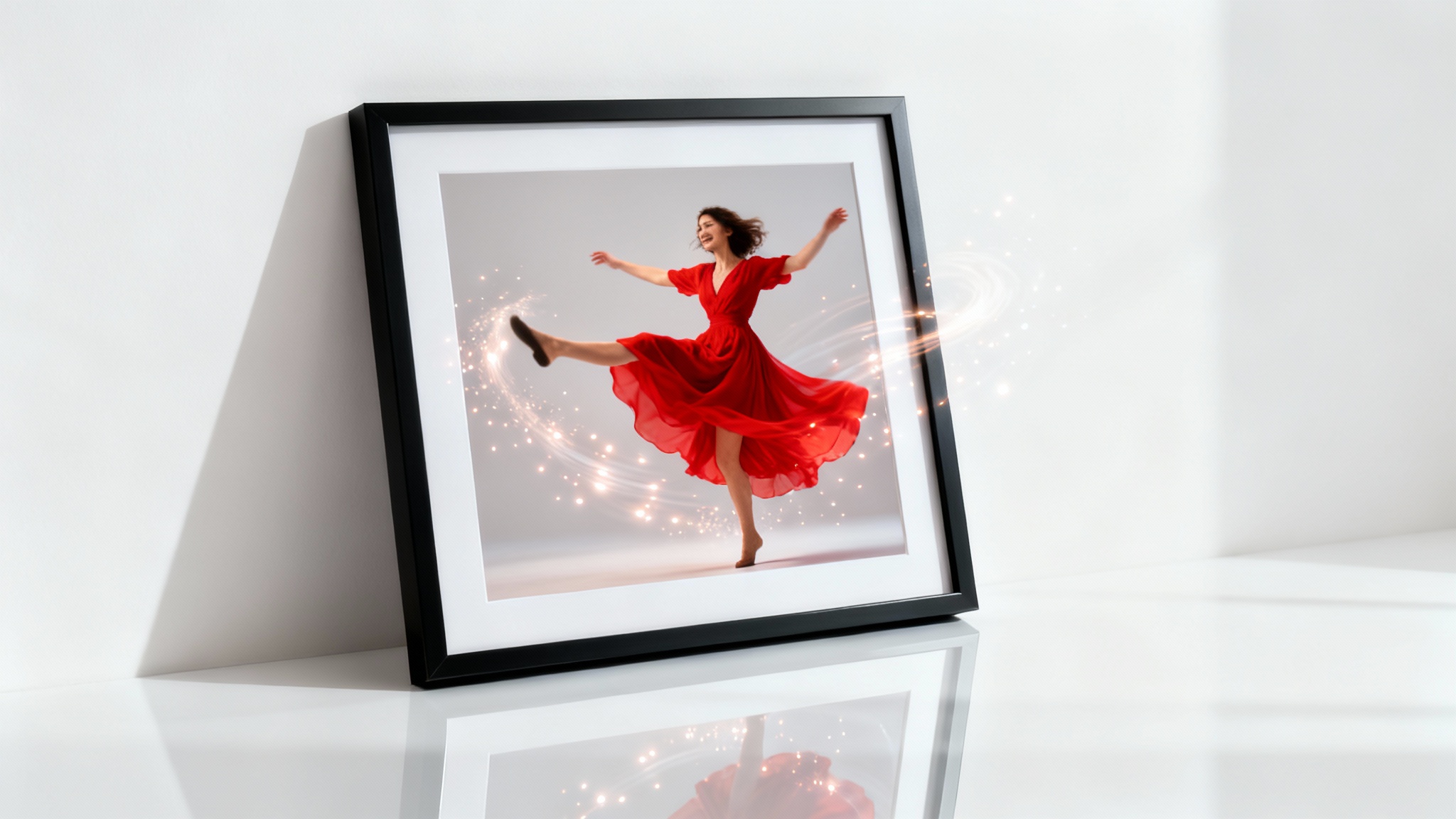 A picture frame sits on a white surface, with a woman in a vibrant dress magically dancing out of the photograph, demonstrating an image animation feature.