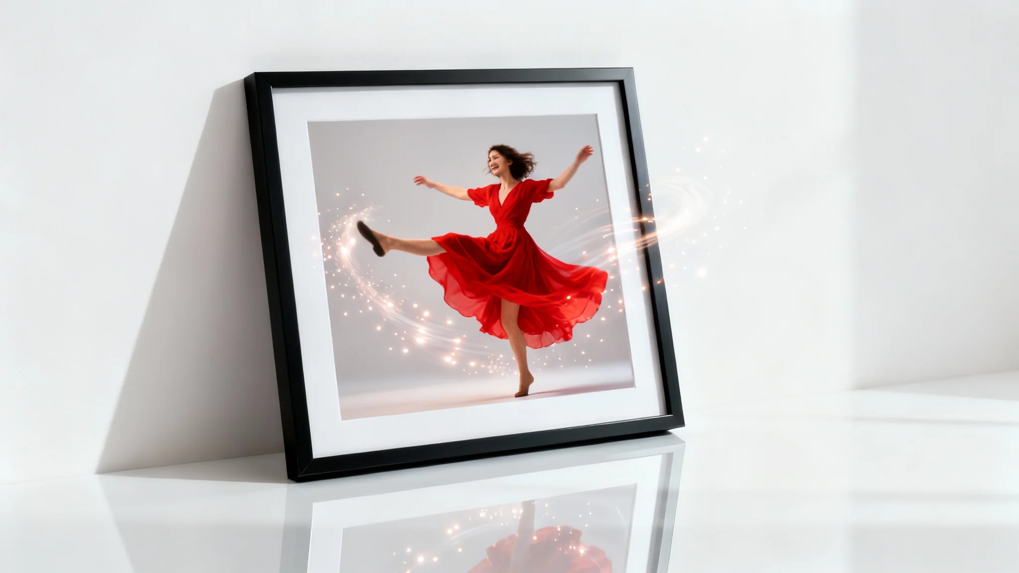 A picture frame sits on a white surface, with a woman in a vibrant dress magically dancing out of the photograph, demonstrating an image animation feature.