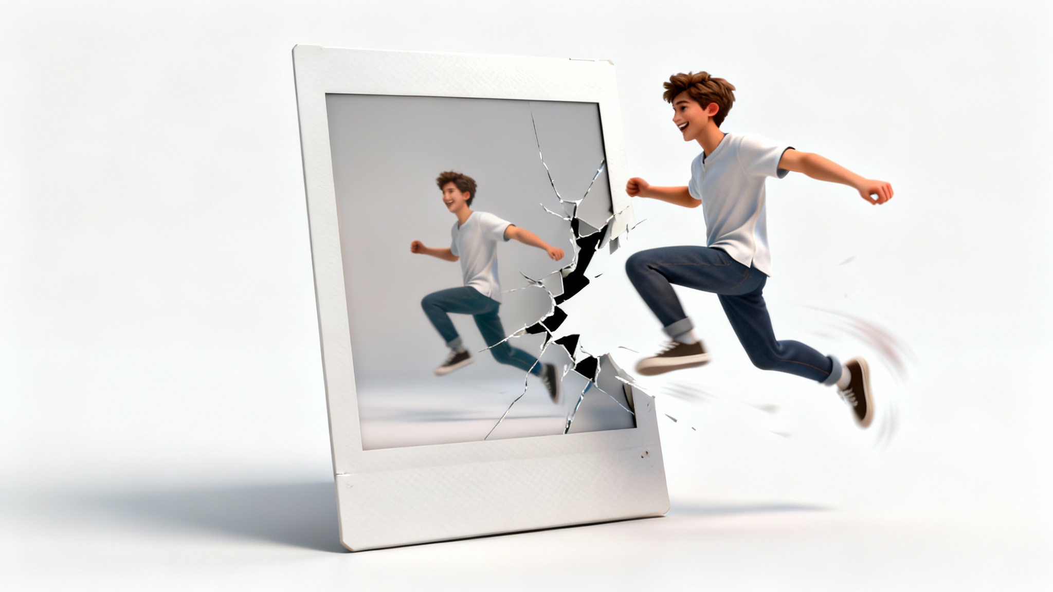 A man joyfully dances out of a static polaroid picture of himself, symbolizing a photograph being brought to life with dance and movement, set against a plain white background.