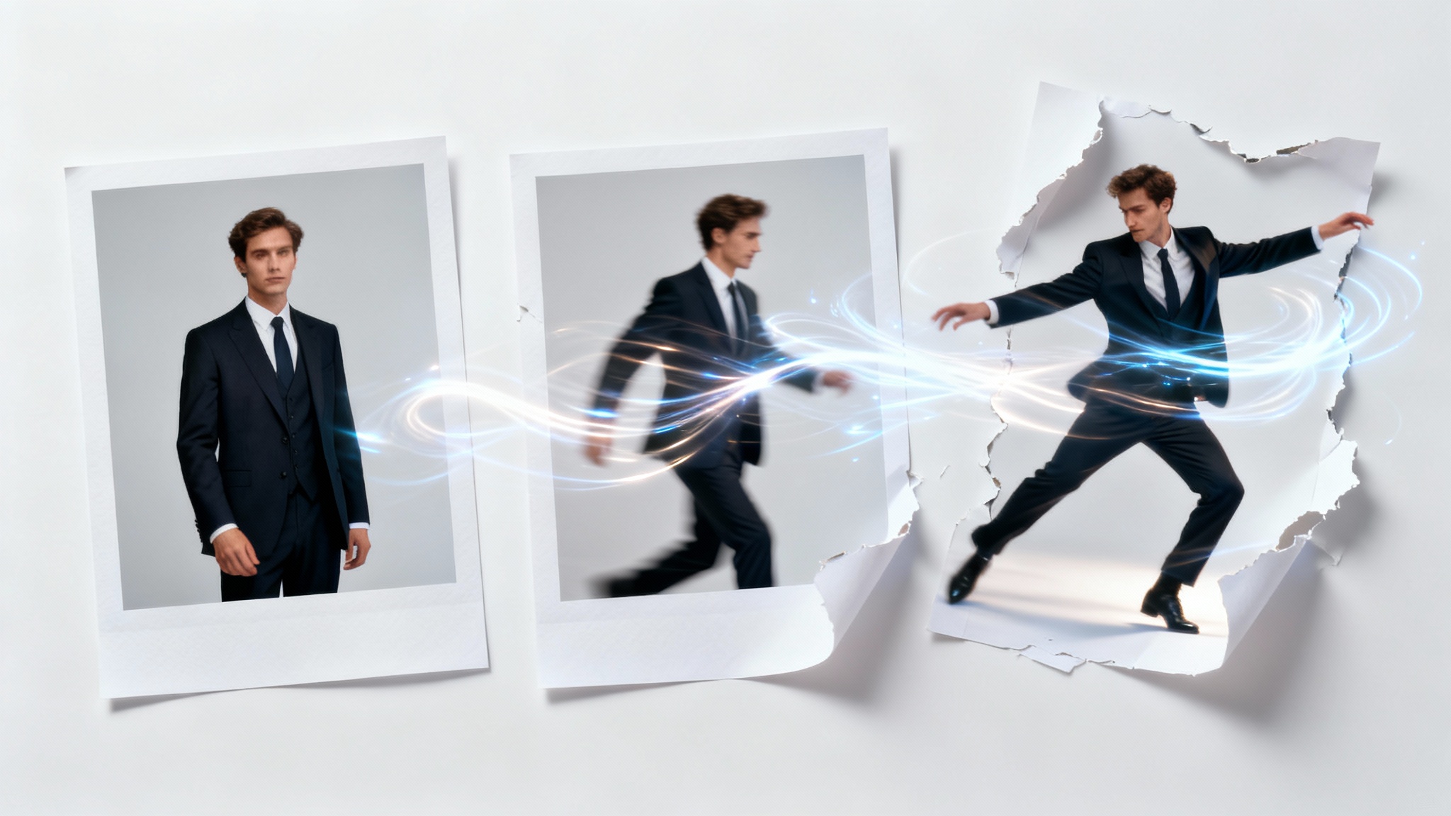 A sequence of three photos against a white background, showing a man in a suit progressively coming to life and dancing out of the frame of the photograph.
