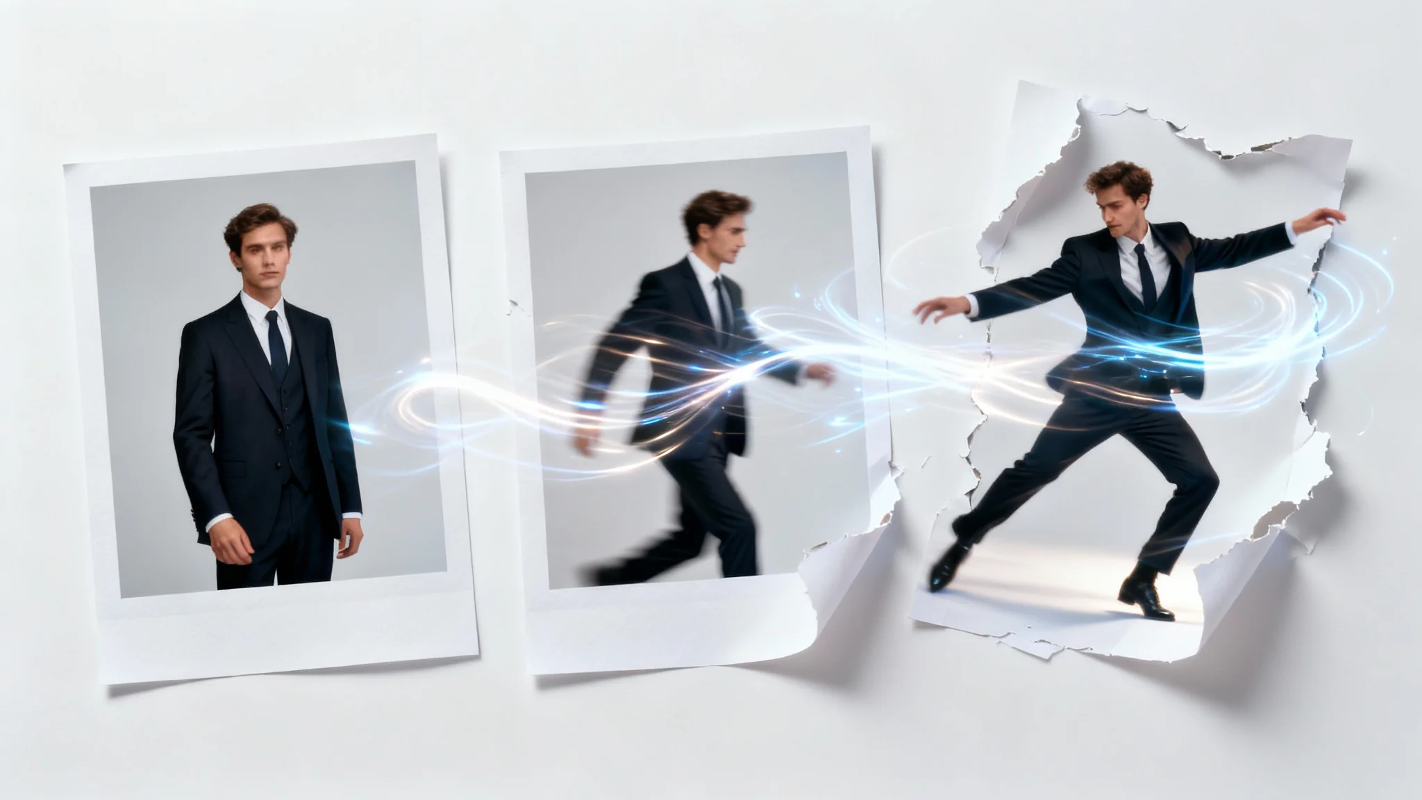 A sequence of three photos against a white background, showing a man in a suit progressively coming to life and dancing out of the frame of the photograph.
