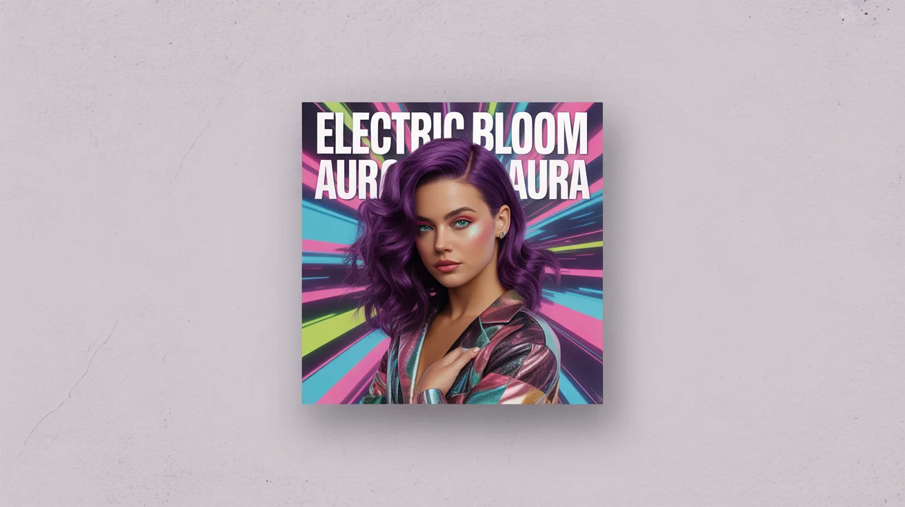 A hero image displaying a professionally designed single cover art for a pop song. The square cover features a colorful illustration of a young woman, with the title "Electric Bloom" and artist "AURA" integrated into the design.