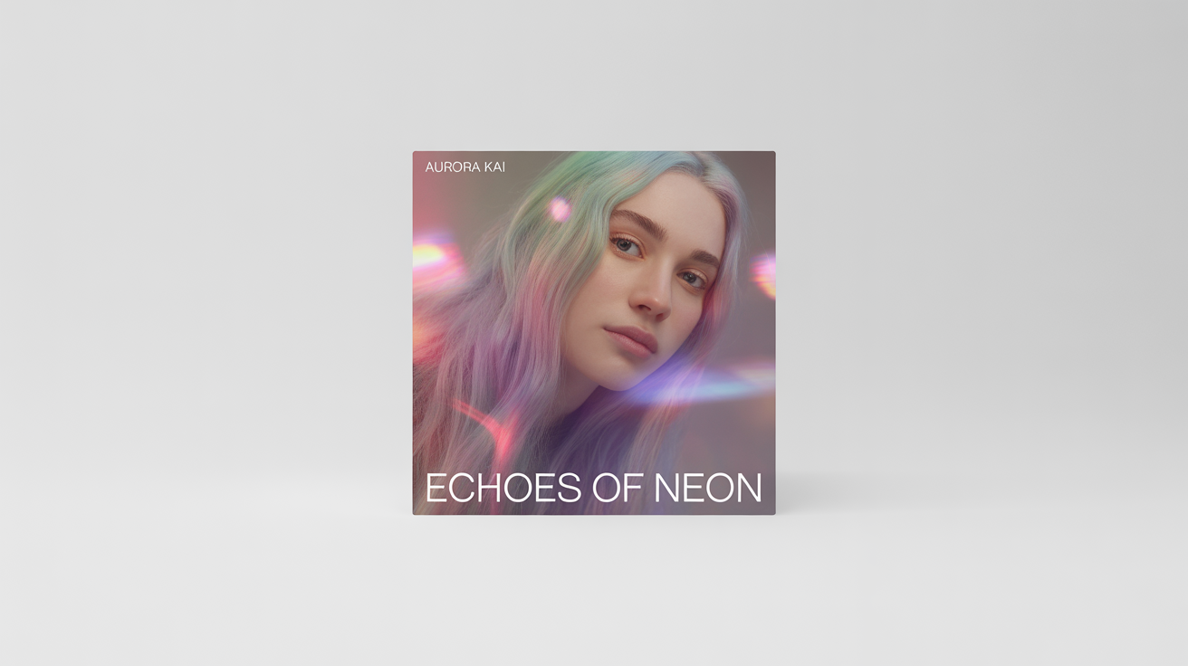 A mockup of a square single cover art for the artist 'AURORA KAI'. The cover, titled 'ECHOES OF NEON', features an ethereal portrait of a woman with pastel hair against a moody, colorful background.
