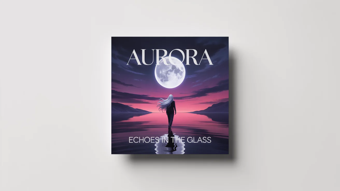 A mockup of a square music single cover art titled 'Echoes in the Glass' by the artist 'Aurora', showing a surreal landscape with a large moon and a figure on a reflective surface.