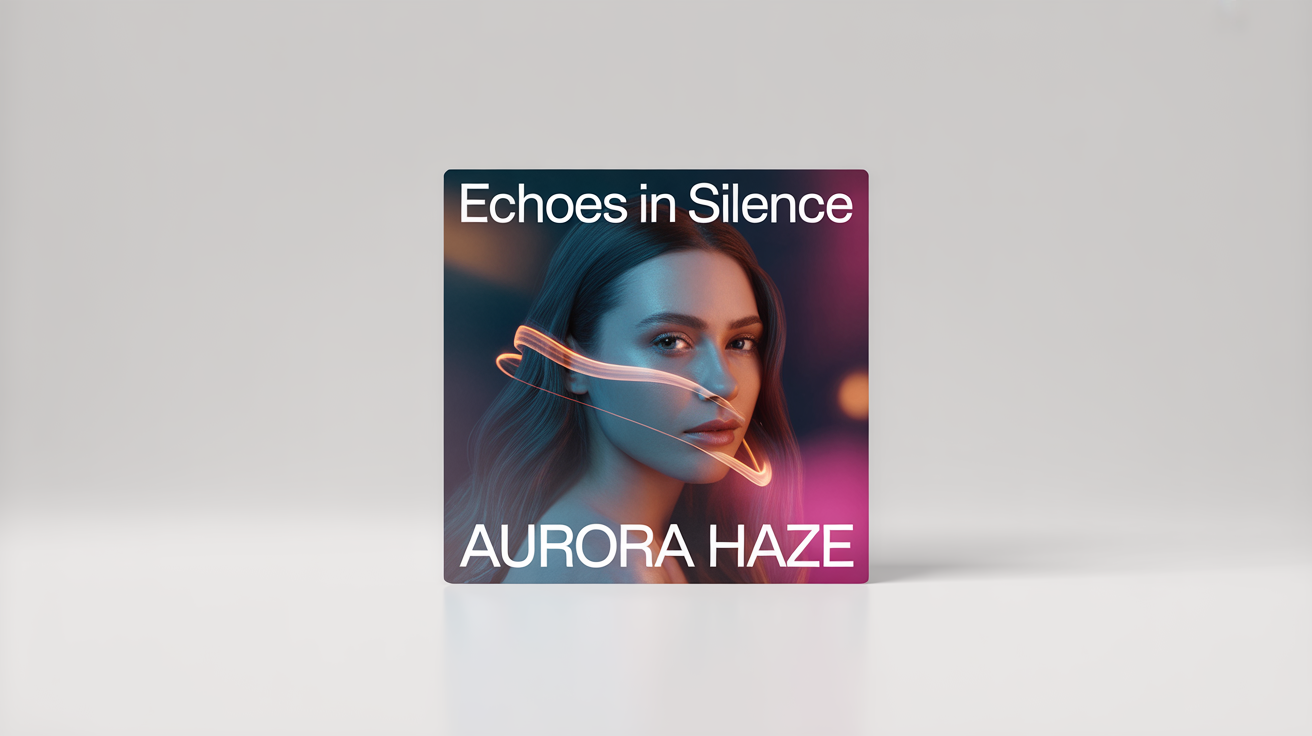 A mockup of a modern music single cover art for the song 'Echoes in Silence' by the artist 'AURORA HAZE'. The cover features a moody portrait of a woman against a dark background with abstract neon lines.