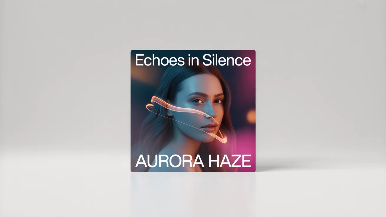 A mockup of a modern music single cover art for the song 'Echoes in Silence' by the artist 'AURORA HAZE'. The cover features a moody portrait of a woman against a dark background with abstract neon lines.