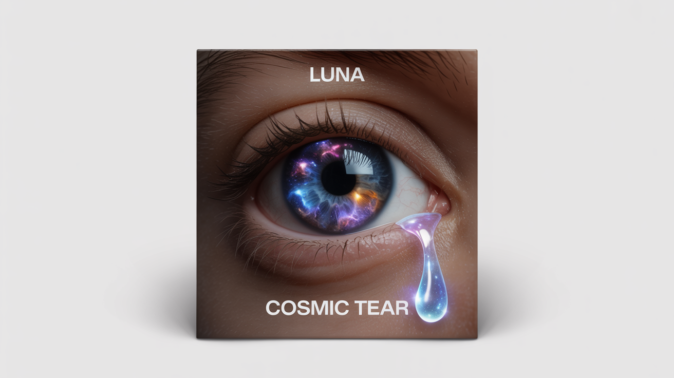A mockup of a music single cover art titled 'Cosmic Tear' by the artist 'Luna'. The square cover features a realistic eye with a galaxy in its iris, set against a dark background, and is displayed on a white surface.