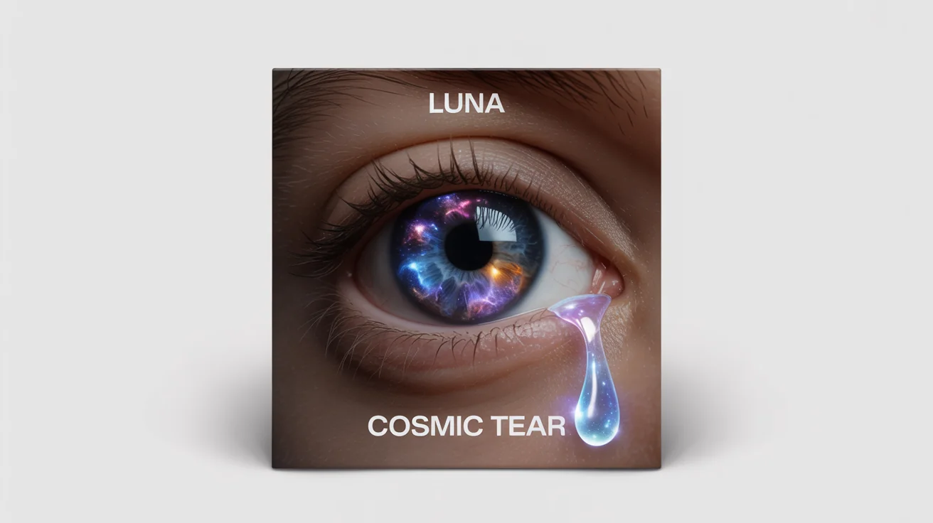 A mockup of a music single cover art titled 'Cosmic Tear' by the artist 'Luna'. The square cover features a realistic eye with a galaxy in its iris, set against a dark background, and is displayed on a white surface.