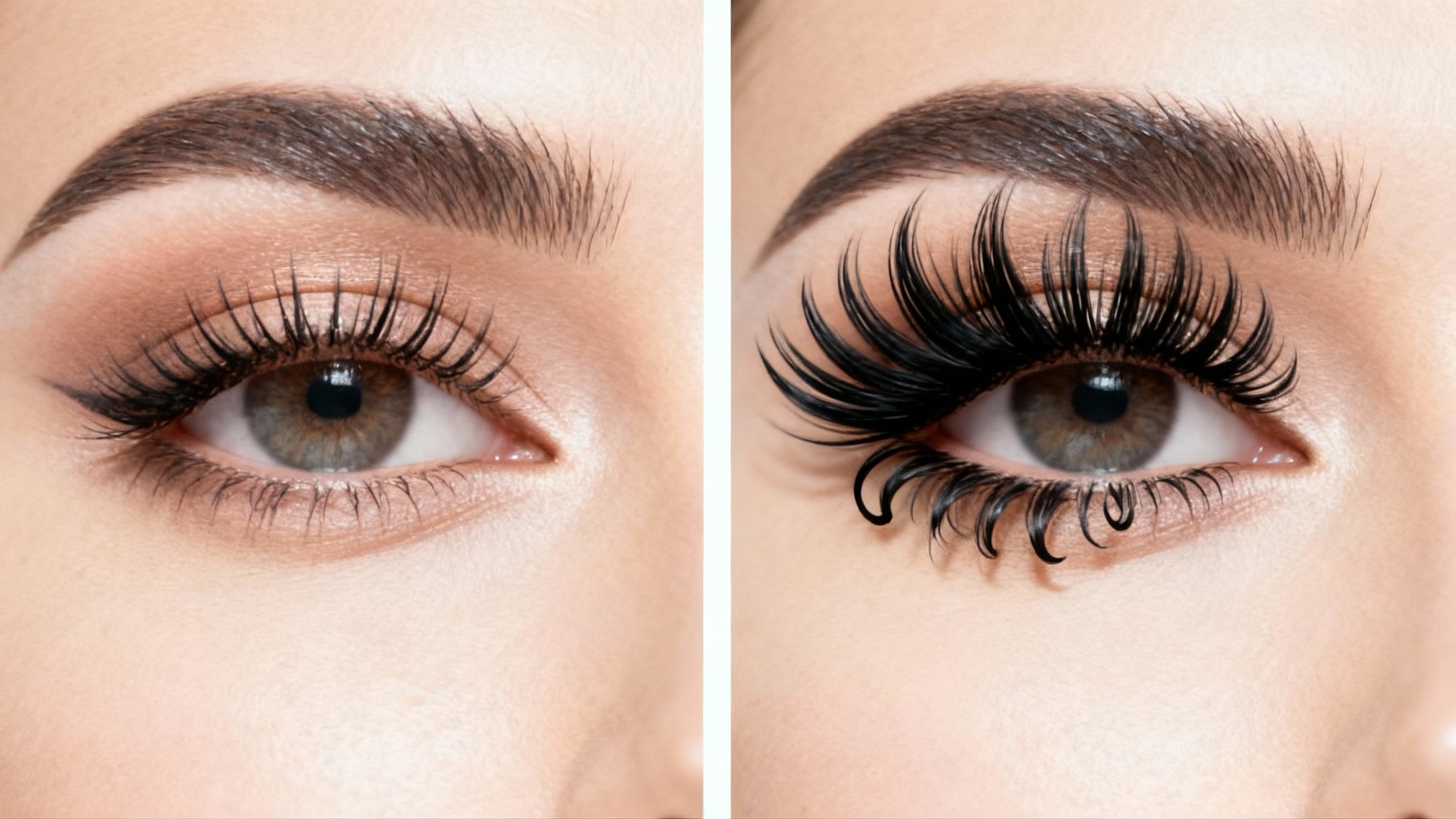 A close-up before-and-after image of a woman's eye, showing natural lashes on one side and long, voluminous, digitally added lashes on the other, against a white background.
