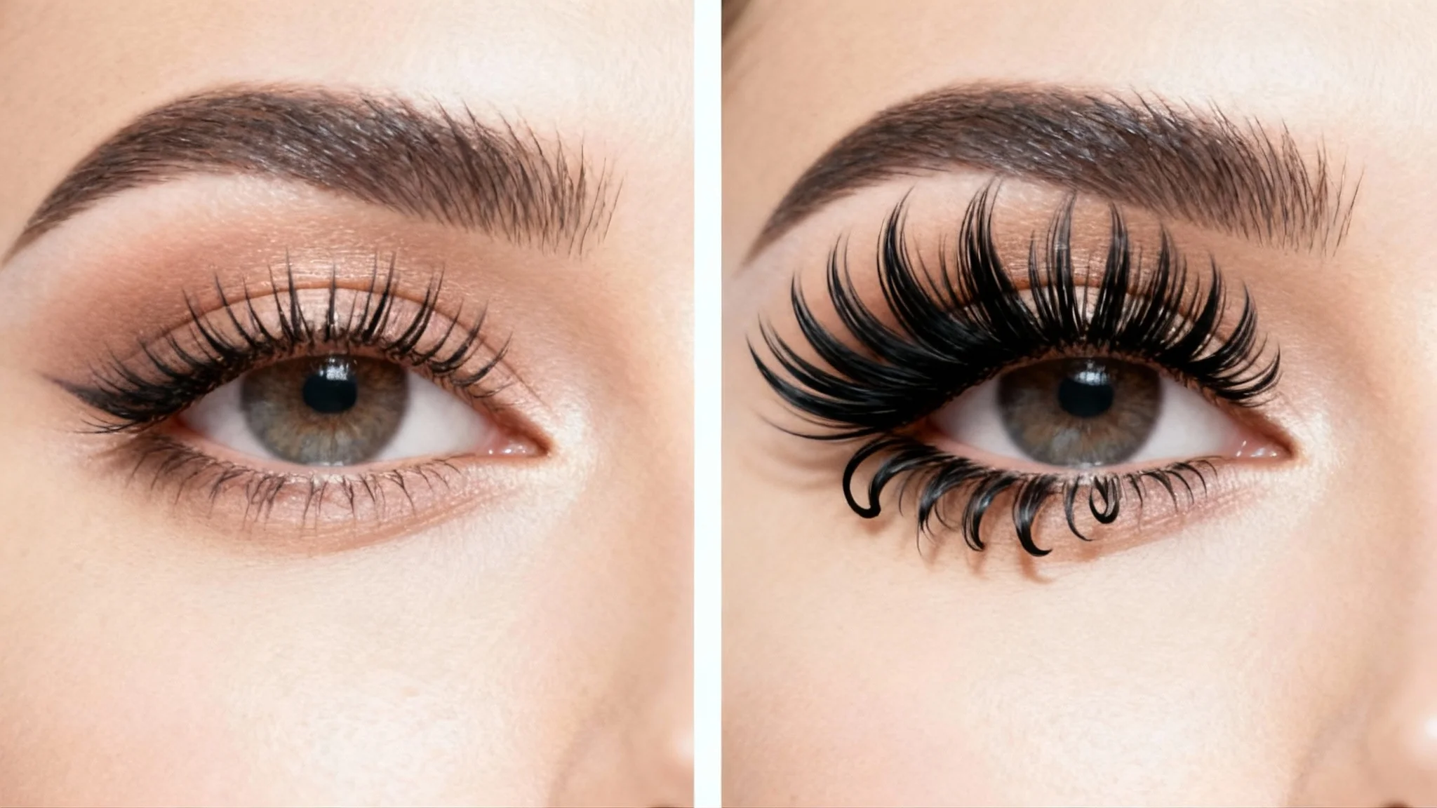A close-up before-and-after image of a woman's eye, showing natural lashes on one side and long, voluminous, digitally added lashes on the other, against a white background.
