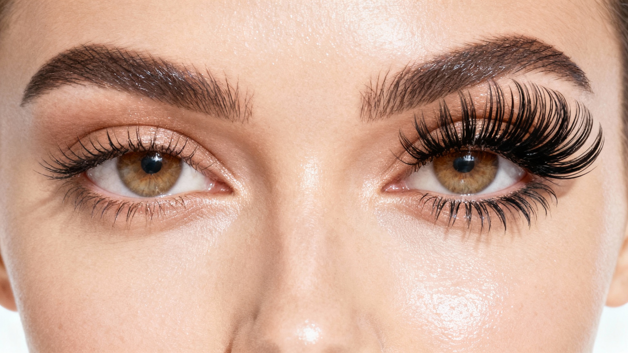 A close-up beauty shot of a woman's eyes, with one eye showing natural lashes and the other showing long, voluminous eyelash extensions to demonstrate a before-and-after effect.