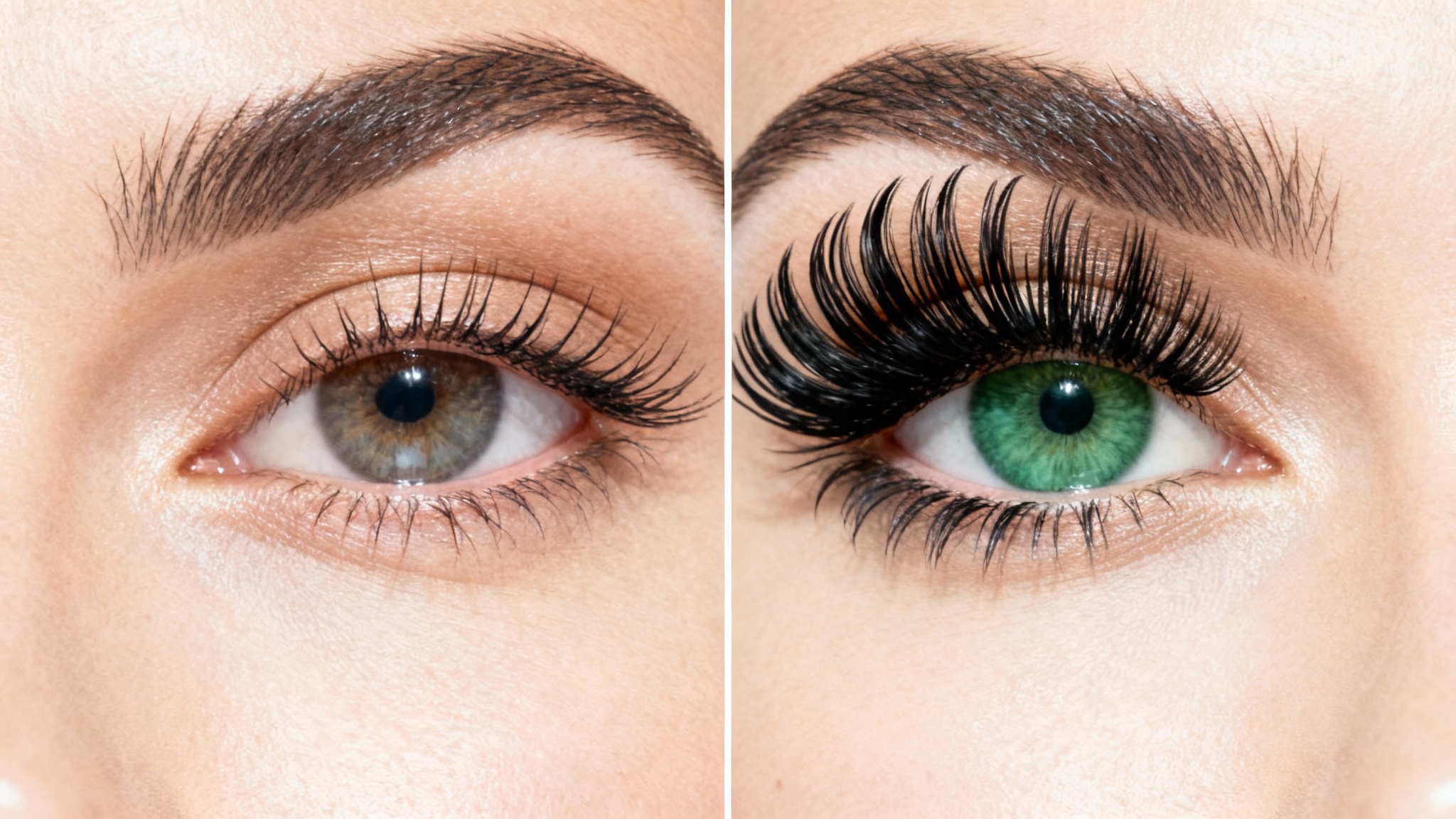 A before-and-after comparison shot of a woman's eye, demonstrating the effect of adding long, voluminous false eyelashes to a photo.