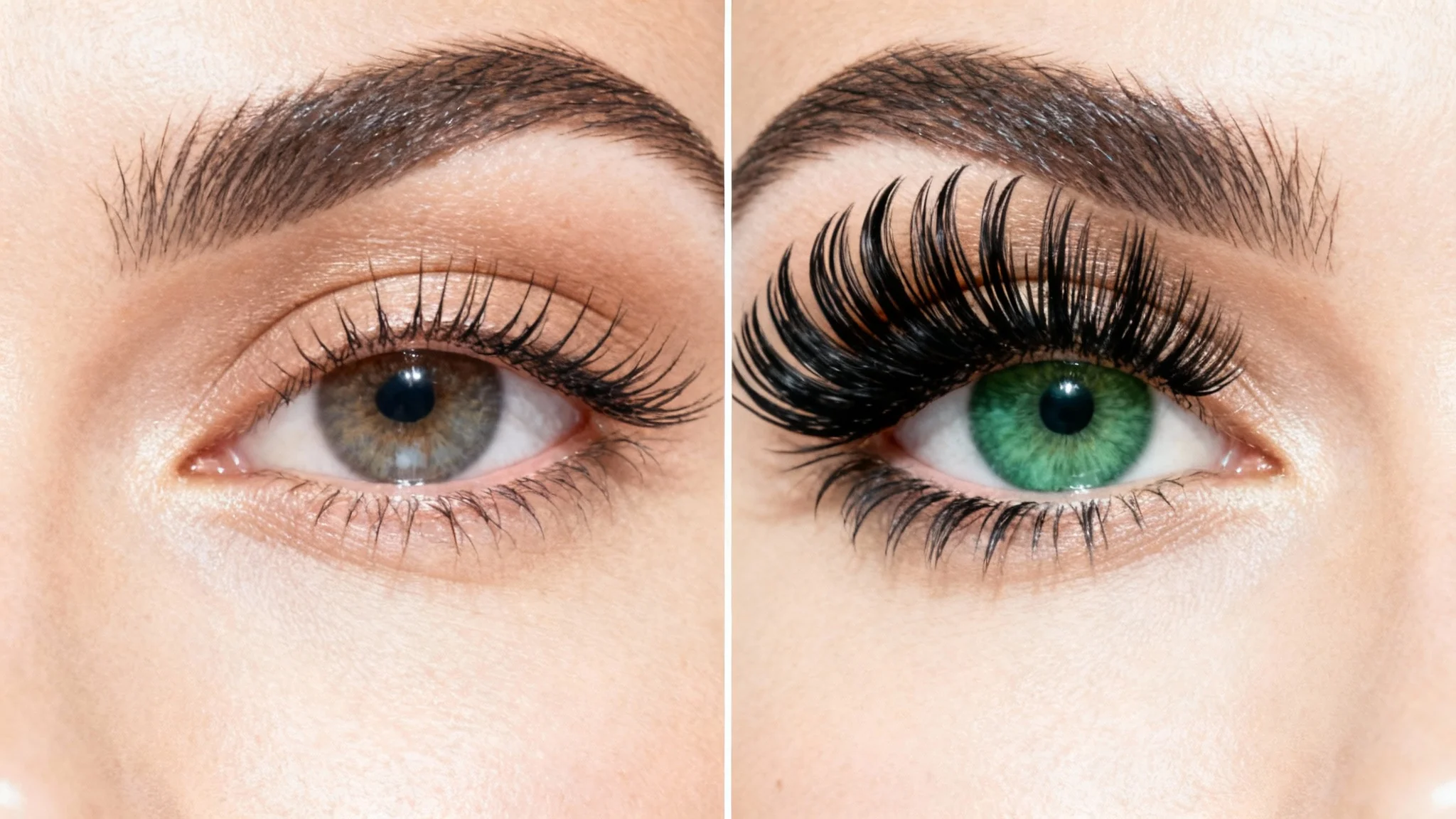 A before-and-after comparison shot of a woman's eye, demonstrating the effect of adding long, voluminous false eyelashes to a photo.