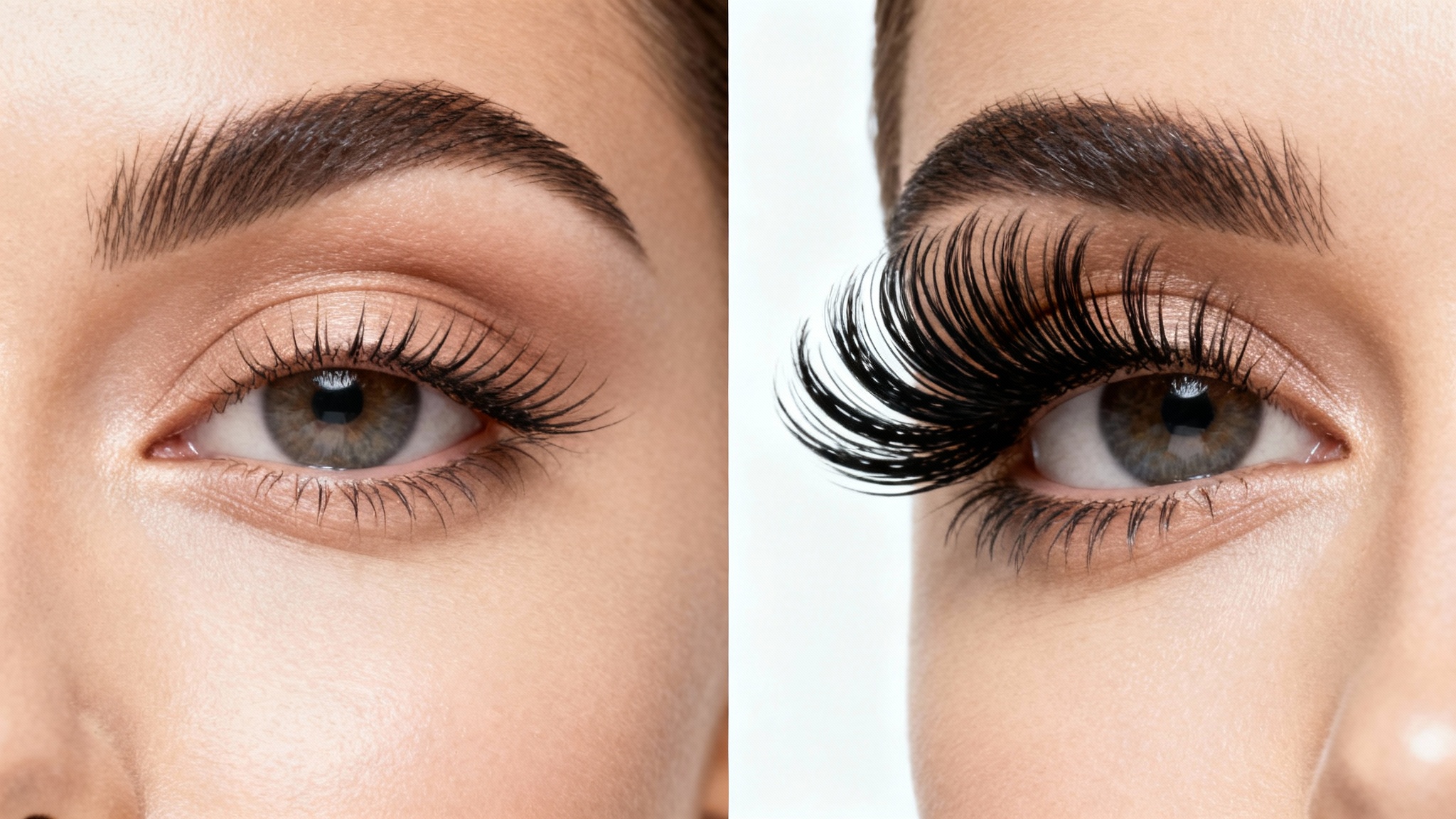 A split-screen, before-and-after close-up of a woman's eye. The 'before' side shows natural lashes, and the 'after' side displays the eye enhanced with long, voluminous false eyelashes, showcasing a dramatic beauty transformation.