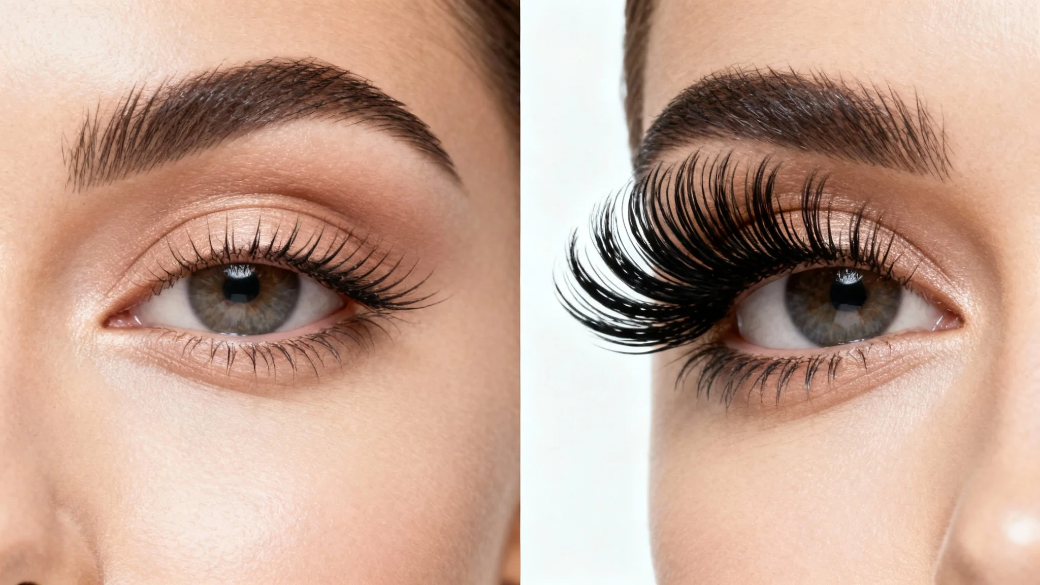A split-screen, before-and-after close-up of a woman's eye. The 'before' side shows natural lashes, and the 'after' side displays the eye enhanced with long, voluminous false eyelashes, showcasing a dramatic beauty transformation.