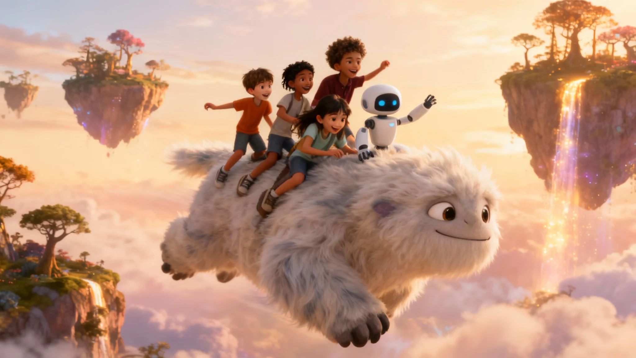A vibrant, high-quality 3D animation still frame showing a diverse group of children and a friendly robot flying on a large, gentle creature through a magical world, representing the final output of a kids' animation tool.