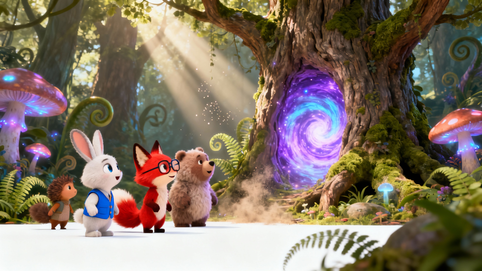 A vibrant 3D animation scene of a cartoon rabbit, fox, and bear looking in awe at a magical glowing portal inside a tree, all set against a clean white background.