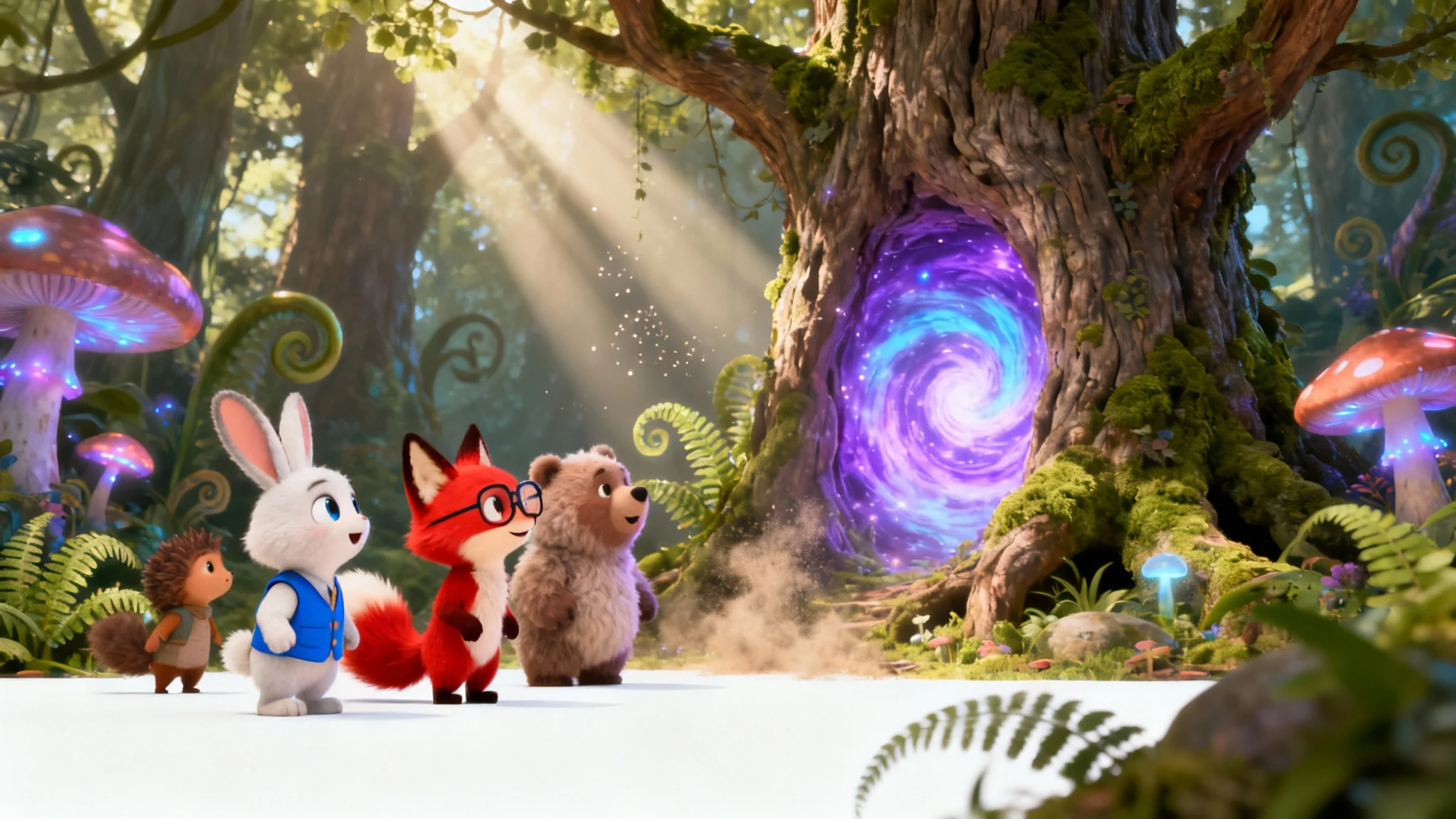 A vibrant 3D animation scene of a cartoon rabbit, fox, and bear looking in awe at a magical glowing portal inside a tree, all set against a clean white background.