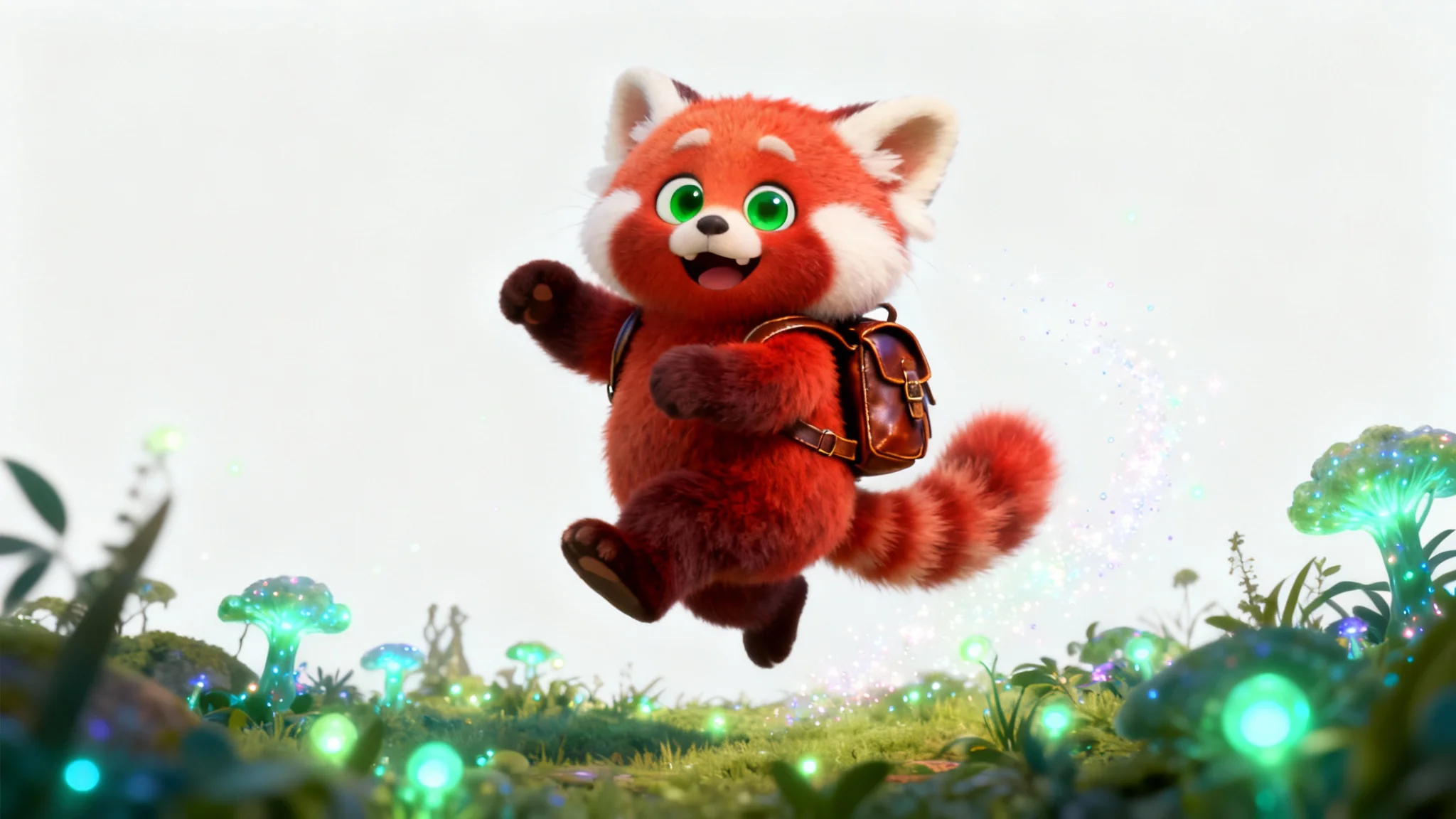 A cheerful 3D animated baby red panda character with a backpack, jumping playfully in a magical forest, representing a kids' animation style.