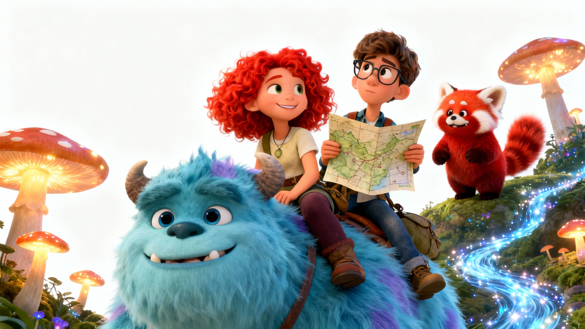 A vibrant 3D animation scene showing two children and a red panda joyfully riding on the back of a large, friendly blue fantasy creature, presented as a mockup on a white background.