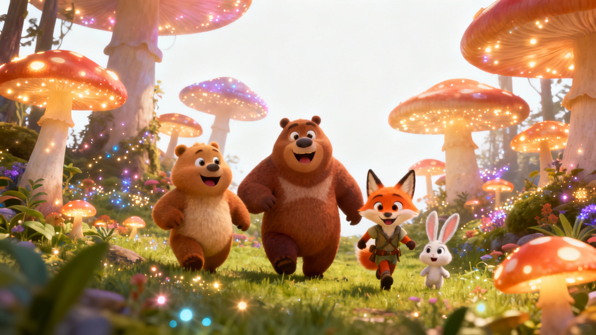A colorful 3D animation still of a friendly bear, a fox, and a bunny exploring a magical forest, representing a kids' animation feature.